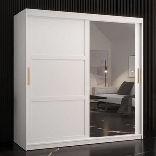 The CHOICEWARDROBE Rieti 2 Door Mirrored Sliding Wardrobe in 180cm matt white with gold handles and internal shelves adds a modern touch to any room, reflecting minimalistic style while saving space with its panelled design.