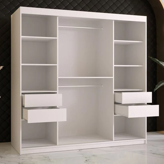 CHOICEWARDROBE Rieti 180cm matt white 2-door sliding wardrobe interior with shelves and hanging rails.