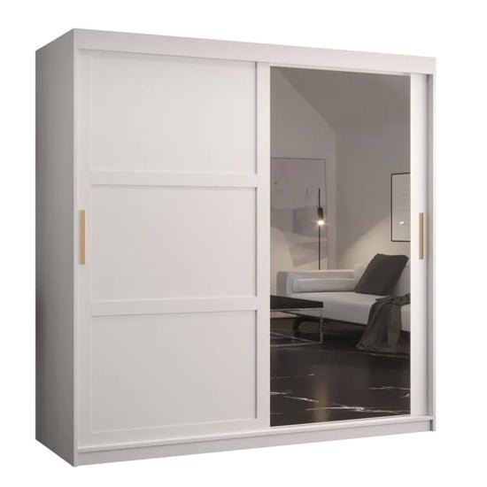 CHOICEWARDROBE Rieti 2-door matt white sliding wardrobe with mirrored door and gold handles.