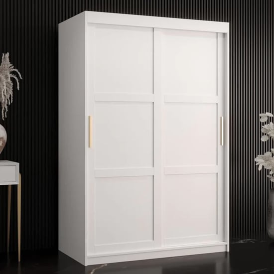 White 2-door sliding wardrobe with gold handles and panelled doors