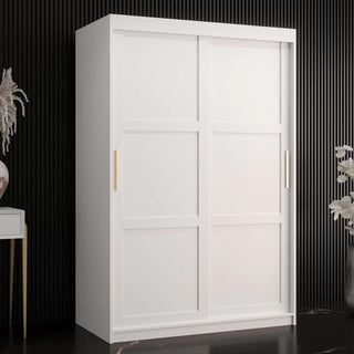 The CHOICEWARDROBE Rieti 2 Door Sliding Wardrobe in a 120cm white finish features gold handles, elegant panelled design, smooth sliding doors, and spacious shelving storage—ideal for a stylish and space-saving modern bedroom.