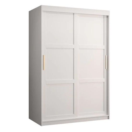 CHOICEWARDROBE Rieti 120cm white 2 door sliding wardrobe with panelled doors and gold handles.