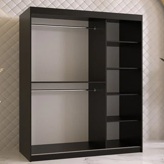 The CHOICEWARDROBE Rieti 2 Door Sliding Wardrobe (150cm, Matt Black) adds modern style with gold handles and a panelled design. It features dual hanging rods on the left, four shelves and a large open compartment on the right. Quilted pattern background.