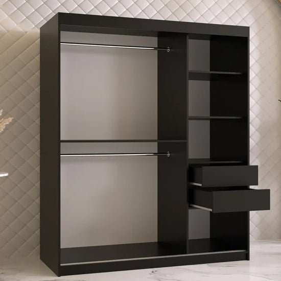 CHOICEWARDROBE Rieti 150cm Matt Black 2 Door Sliding Wardrobe with internal shelves and hanging rails.
