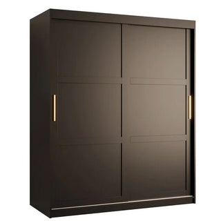 The CHOICEWARDROBE Rieti 2 Door Sliding Wardrobe, 150cm in matt black with gold handles and internal shelves, features a modern panelled design—ideal for contemporary bedrooms and shown here against a plain white background.