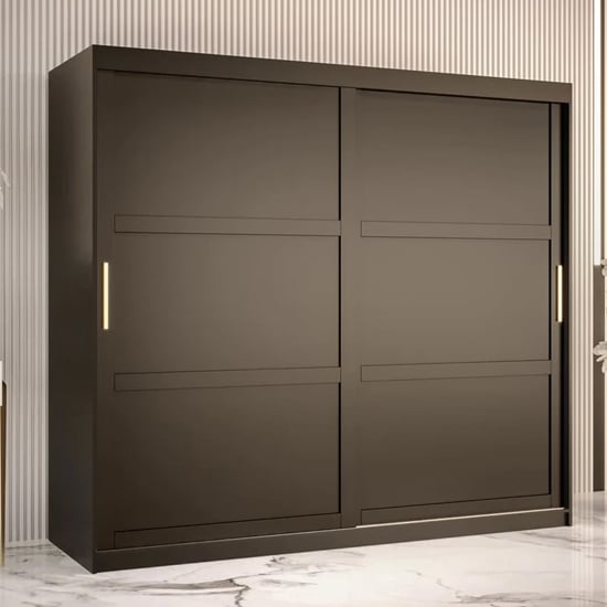 CHOICEWARDROBE Rieti 2 door sliding wardrobe in black finish with panelled design and gold handles.