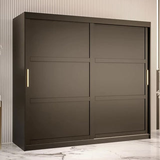 The CHOICEWARDROBE Rieti 2 Door Sliding Wardrobe (200cm, Black) features a modern panelled design with spacious shelves and hanging rails, perfectly accenting a white floor with gray veining for a contemporary bedroom look.