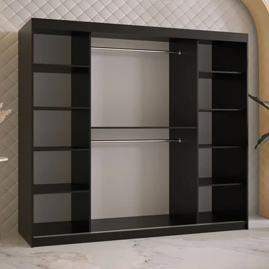 CHOICEWARDROBE Rieti 200cm sliding door wardrobe in matt black with central hanging rails and side shelves.
