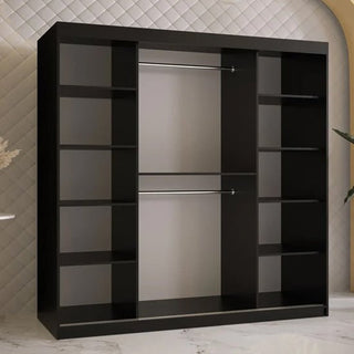 The CHOICEWARDROBE Rieti 2 Door Sliding Wardrobe features a mocha brown finish, gold handles, panel design, spacious shelving and drawer storage—perfect for a contemporary interior with a white marble floor and quilted wall backdrop.