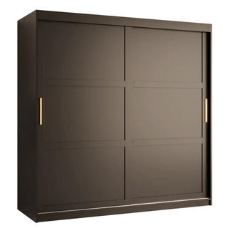 The CHOICEWARDROBE Rieti 2 Door Sliding Wardrobe features a mocha brown finish, contemporary panel design, rectangular gold handles, and includes shelving and drawer storage. Measures 180cm wide with a sleek, modern look and smooth finish.