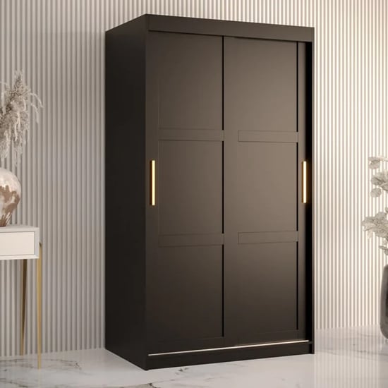 CHOICEWARDROBE Rieti I black sliding wardrobe with gold handles, 100cm wide