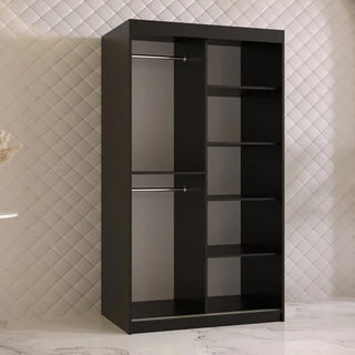The CHOICEWARDROBE Rieti I black sliding wooden wardrobe (100cm wide, gold handles) features internal shelves—perfect modern storage for bedrooms with elegant style.