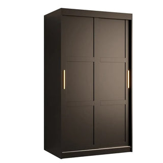 The CHOICEWARDROBE Rieti I 2 Door Sliding Wooden Wardrobe in black finish features gold handles, internal storage shelves, and a 100cm width—ideal for saving space in modern bedrooms, shown against a plain white background.