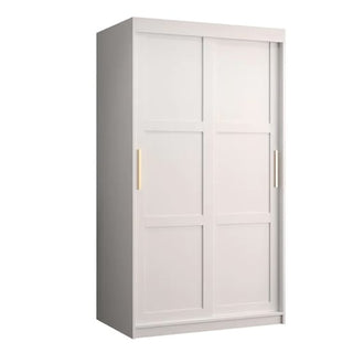 The CHOICEWARDROBE Rieti I 2 Door Sliding Wooden Wardrobe in a white finish, featuring gold handles and internal storage shelves (100cm wide), is ideal for compact bedroom storage and displayed against a plain white background.
