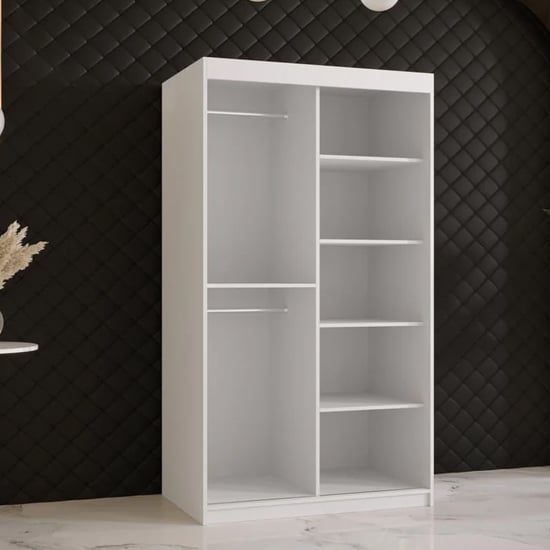 CHOICEWARDROBE Rieti I 100cm white sliding door wardrobe with gold handles and internal shelves.