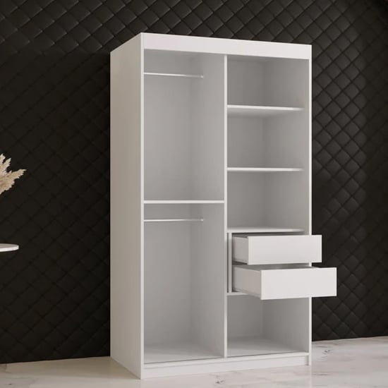 CHOICEWARDROBE 100cm white sliding door wardrobe with gold handles, showing internal shelves and hanging rails.