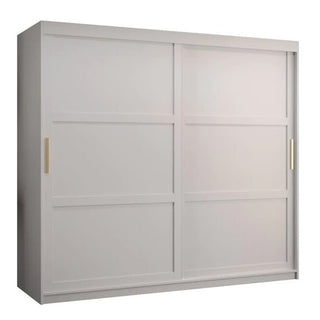 The CHOICEWARDROBE Rieti I 200cm Sliding Door Wardrobe features a modern white wooden finish, double sliding doors with gold handles, shelves, hanging rails, and drawers for extra-wide storage.