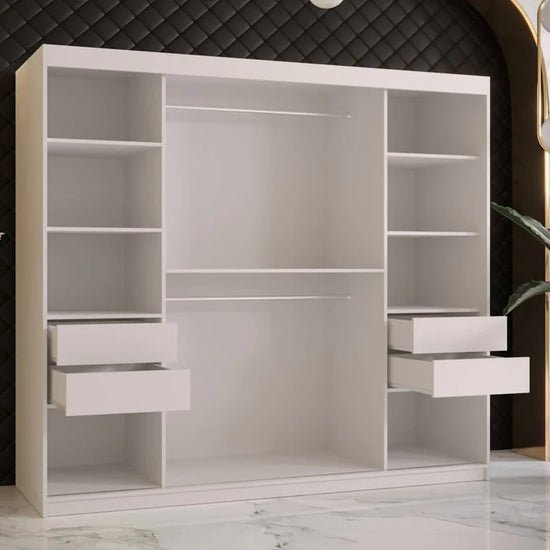 White 2-door sliding wardrobe with shelves, hanging rails, and drawers shown open.