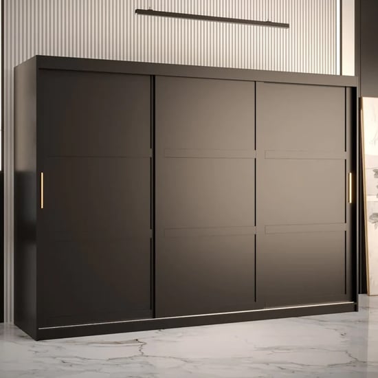 ChoiceWardrobe Rieti 250cm 3-door sliding wardrobe in matte black with gold handles.