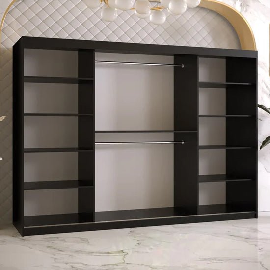 Matte black 3-door sliding wardrobe interior with shelves and hanging rails