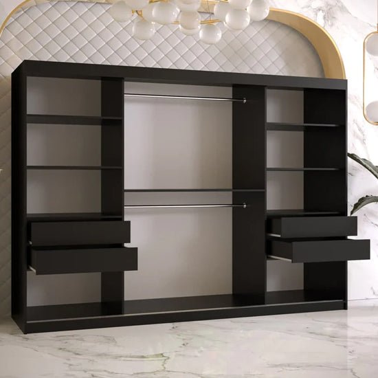 CHOICEWARDROBE Rieti I matte black 3-door sliding wardrobe with open drawers and shelves.