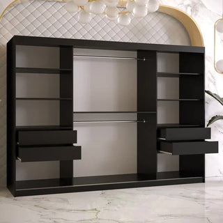 Open drawers and shelving details of Rieti wardrobe highlighting premium matte black finish and smooth glide system.