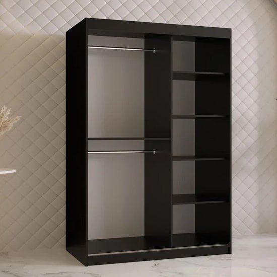Black 120cm sliding door wardrobe with gold handles and internal shelving.