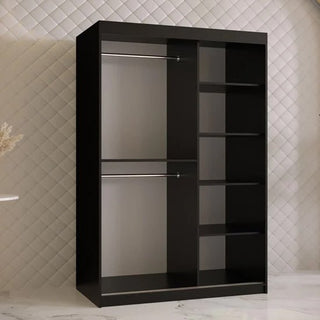 The CHOICEWARDROBE Rieti I Wooden Wardrobe in black features 2 sliding doors, modern gold handles, a soft-close system, two left-side hanging rods, and four right-side shelves—perfect for modern bedrooms seeking space-saving style.