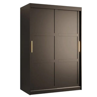 The CHOICEWARDROBE Rieti I is a black 120cm wooden wardrobe with 2 sliding doors, modern gold handles, soft-close system, and spacious shelving for a sleek, minimalist look.