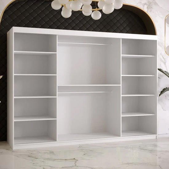 Rieti 250cm white sliding door wardrobe interior with shelves and hanging rails.