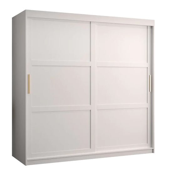 White 180cm wardrobe with two sliding doors and gold handles