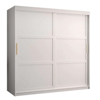 The CHOICEWARDROBE Rieti I is a 180cm wooden wardrobe with 2 white sliding doors, modern flat-panel design, gold handles, and adjustable shelves—ideal for contemporary bedroom storage.