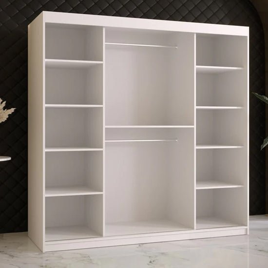 White 180cm sliding door wardrobe with adjustable shelves and hanging rails.