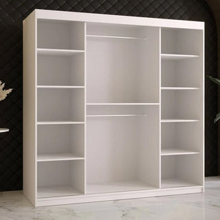 The CHOICEWARDROBE Rieti I features two white sliding doors, adjustable shelves, and gold handles—offering modern 180cm bedroom storage that stands stylishly on a marble floor before a dark quilted wall.