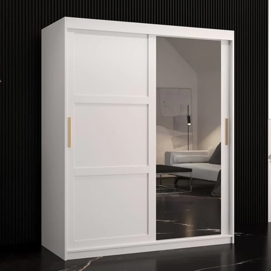 White CHOICEWARDROBE Rieti II wardrobe with 2 sliding doors, 1 mirrored, and gold handles.