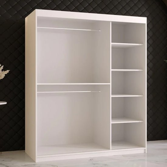 White 150cm sliding door wardrobe with full-length mirror, hanging rails and shelves