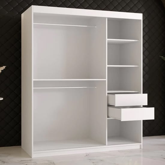 White sliding door wardrobe with two hanging rails, shelves and two visible drawers.