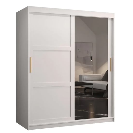 CHOICEWARDROBE Rieti II 150cm white sliding door wardrobe with mirrored panel and gold handle.