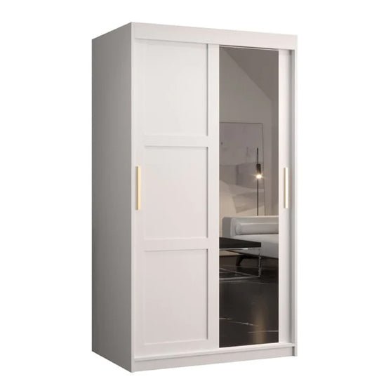 White two-door mirrored sliding wardrobe with gold handles