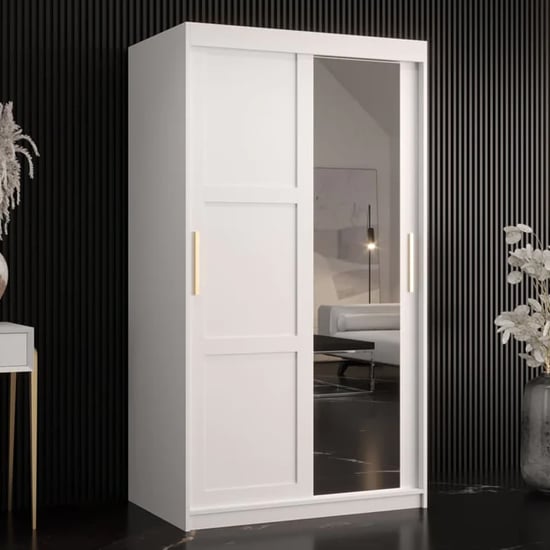 CHOICEWARDROBE Rieti II white two-door sliding wardrobe with mirrored door and gold handles.