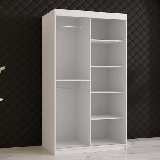 White 100cm sliding wardrobe with mirrored door, shelves and hanging rail.