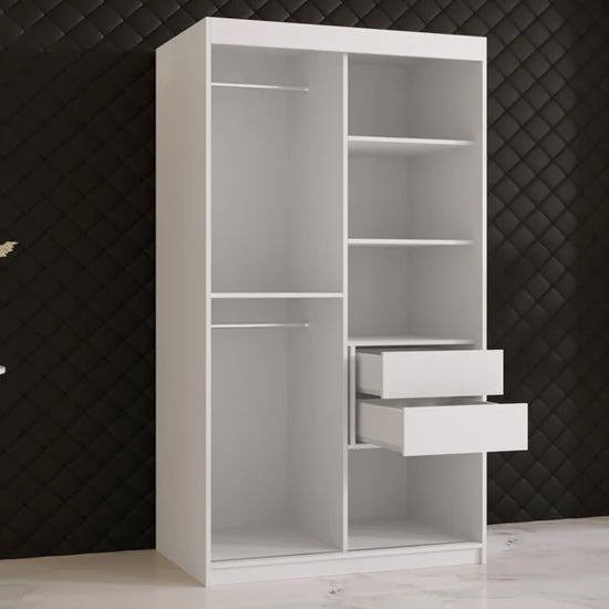 White 2-door sliding wardrobe with a full-length mirrored door and gold handles, showing internal shelves and rails.