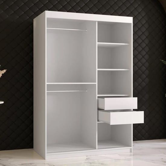 White 2 door sliding wardrobe interior with shelves and hanging rails