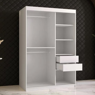 The CHOICEWARDROBE Rieti Mirrored 2 Door Sliding Wardrobe in white, featuring a modern panel design with gold handles, full-length mirror, and spacious storage, stands on a marble floor against a black quilted-pattern wall.