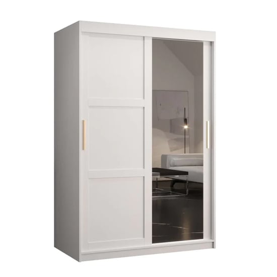 White 2-door sliding wardrobe with mirrored door and gold handles