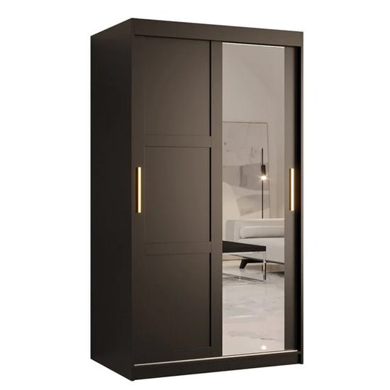 CHOICEWARDROBE Rieti 100cm black sliding door wardrobe with one mirrored door and gold handle.
