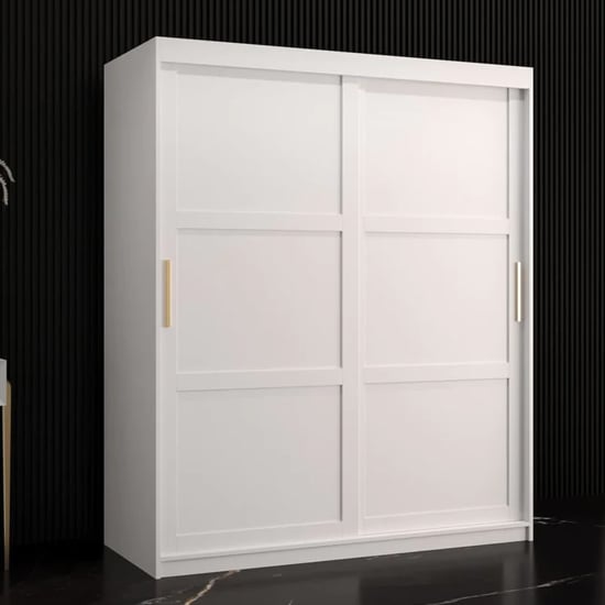 CHOICEWARDROBE Rieti 150cm white 2-door sliding wardrobe with modern panel detailing and gold handles.