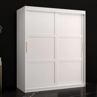 The CHOICEWARDROBE Rieti White Wooden Sliding Wardrobe (150cm, 2 Door) features modern panel detailing, shelves, and hanging rails—its sleek design makes it perfect for bedroom storage against contemporary interiors.