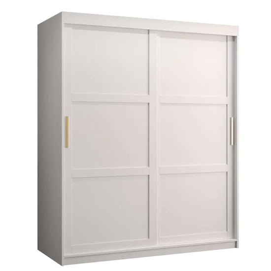 CHOICEWARDROBE Rieti 150cm white 2 door sliding wardrobe with panel detailing and gold handles.
