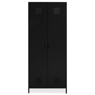 The CHOICEWARDROBE Ruston Black Metal Locker Wardrobe is a modern 2-door storage cabinet with vented panels, center handles, shelves, hanging rail, and stands on four short legs for an industrial look.